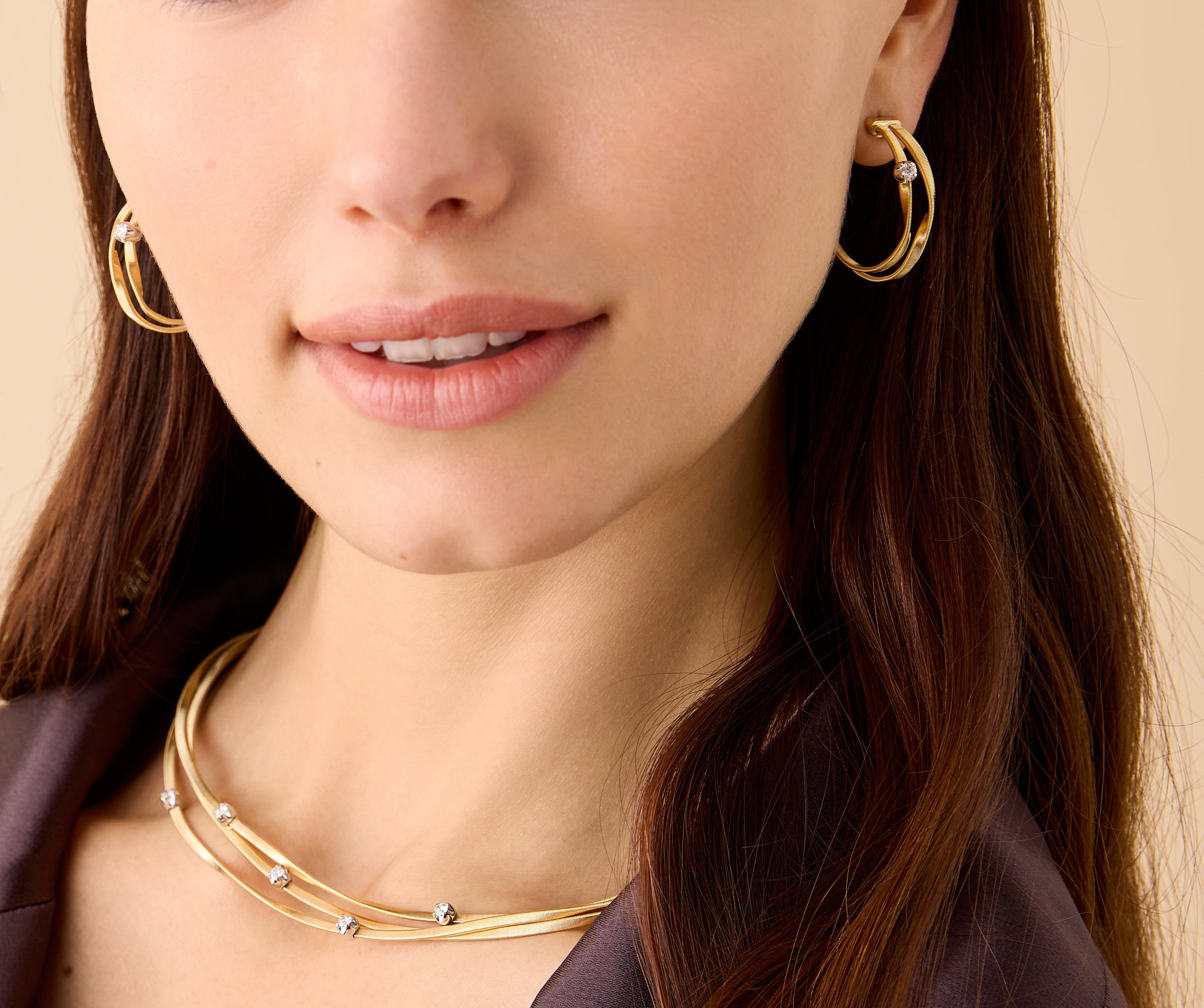 18k Yellow Gold Coil Hoop Earrings with Diamond Stations