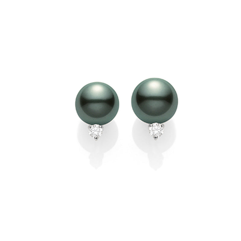 Mikimoto 18k White Gold Black Sea Pearl And Diamond Stud Earrings