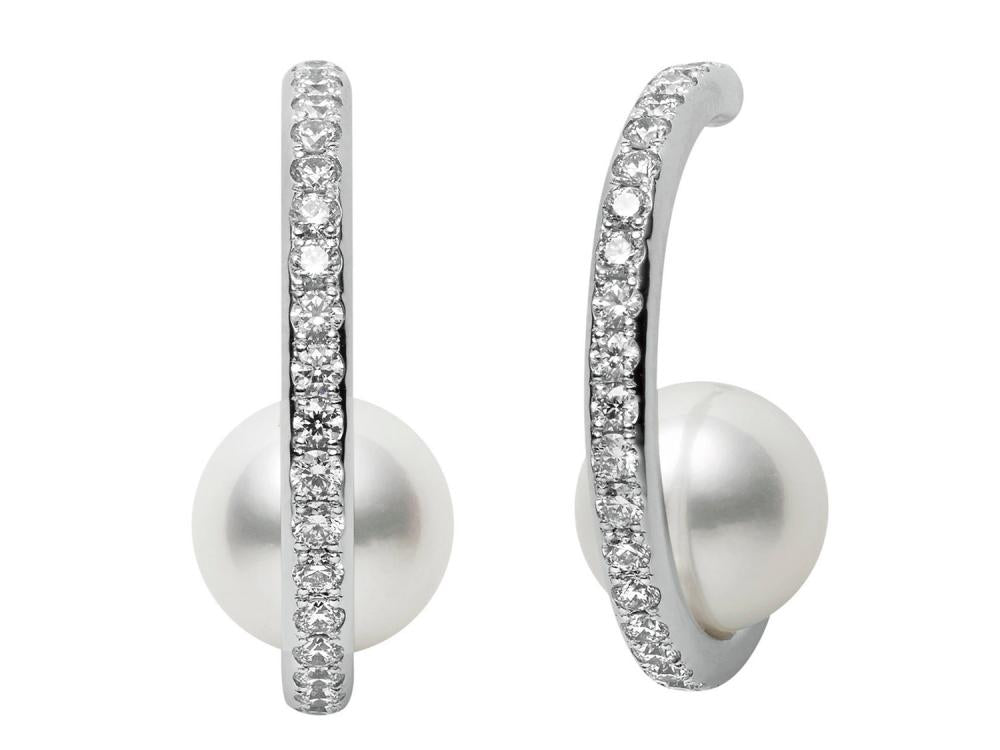 Mikimoto 18k White Gold And Pearl And Pavé Diamond Hoop Earrings
