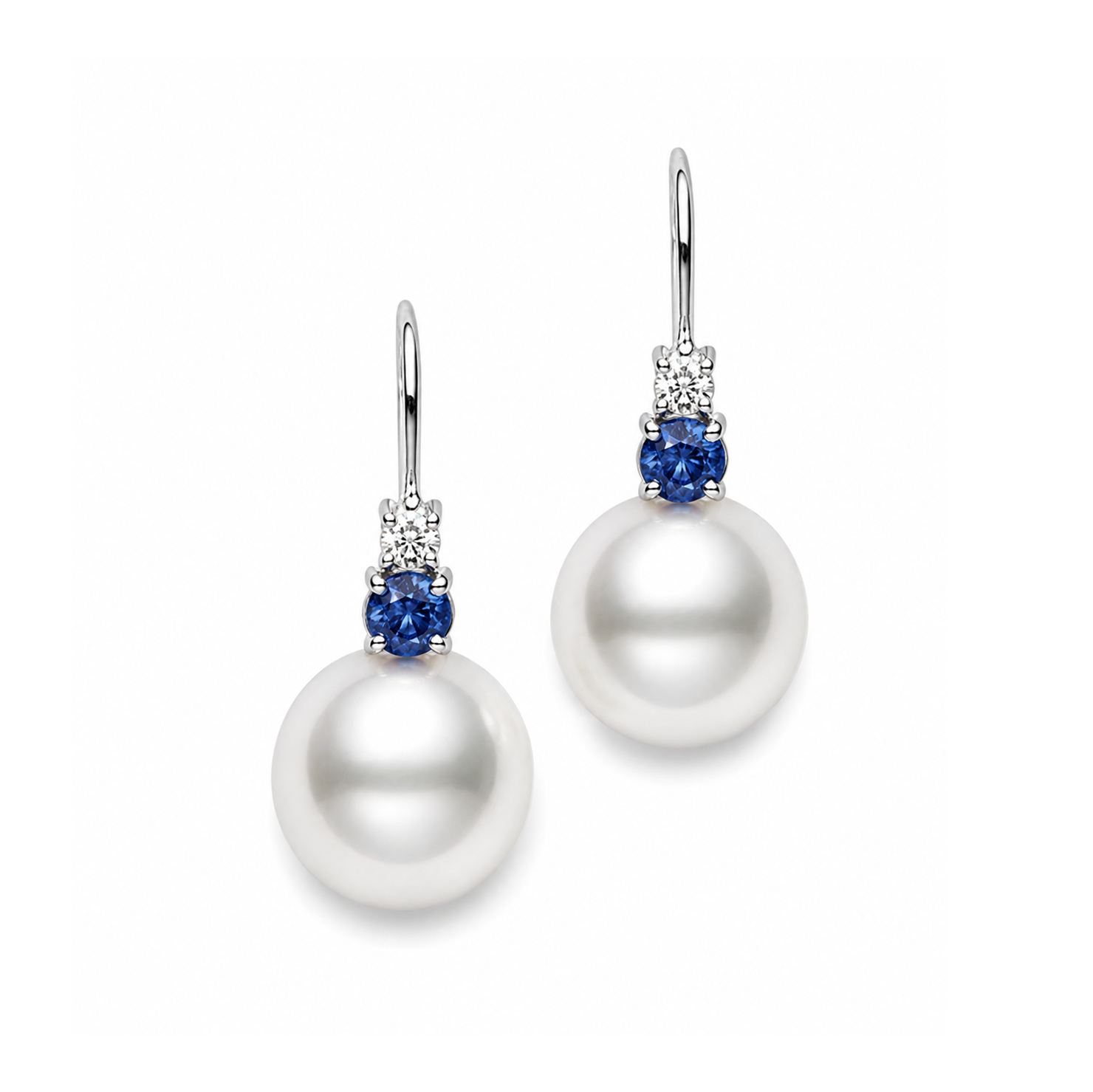 18k White Gold Sapphire, Pearl, &amp; Diamond Drop Earrings