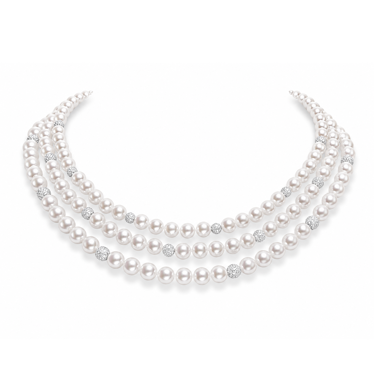18k White Gold Triple Strand Pearl &amp; Diamond Necklace