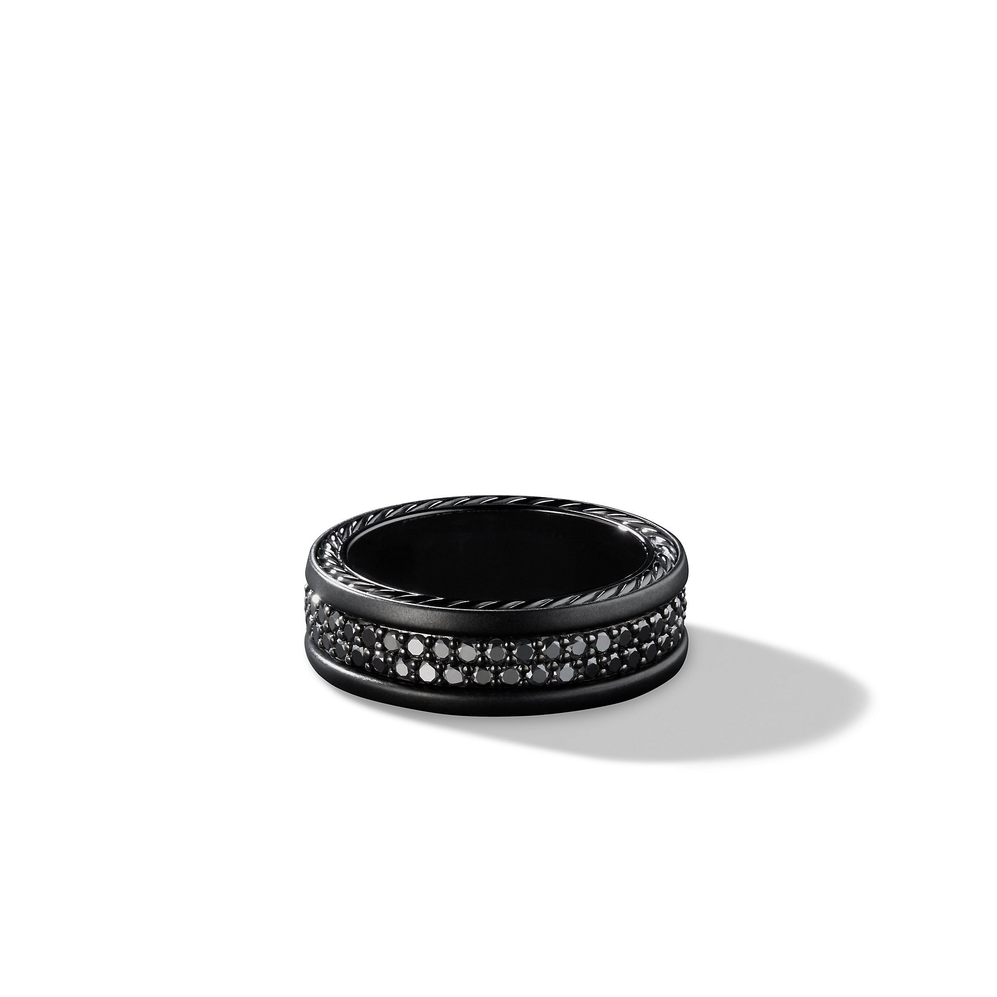 Streamline Two-Row Band Ring With Black Diamonds In Black Titanium And Sterling Silver, 7mm Wide