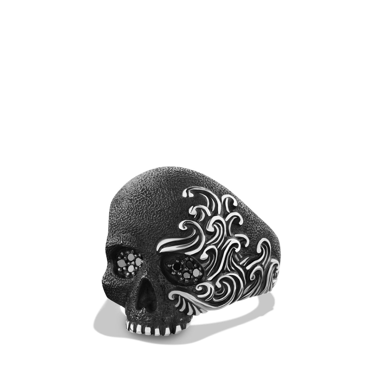 Waves Skull Ring In Sterling Silver With Black Diamonds