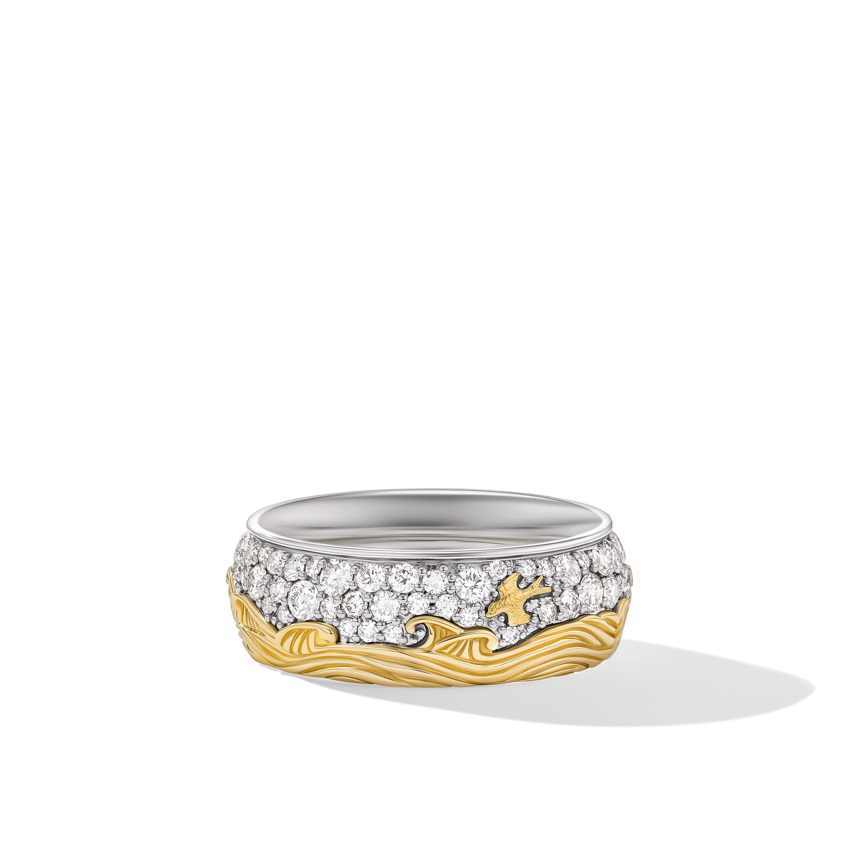 Waves Band Ring In Sterling Silver With 18k Yellow Gold With Diamonds 8.7mm