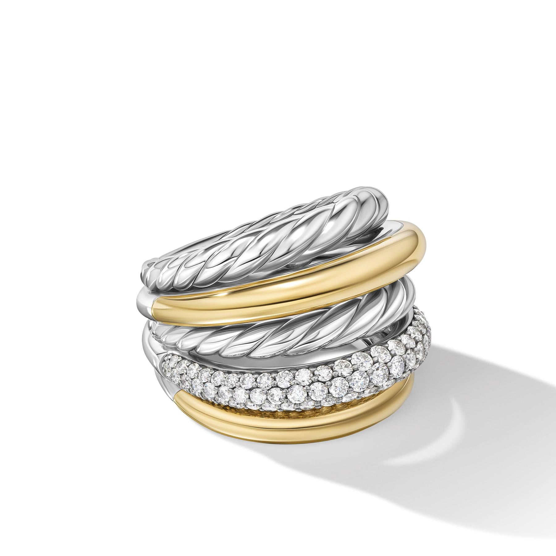 David Yurman Mercer® Multi Row Ring In Sterling Silver With 18k Yellow Gold And Diamonds, 21mm