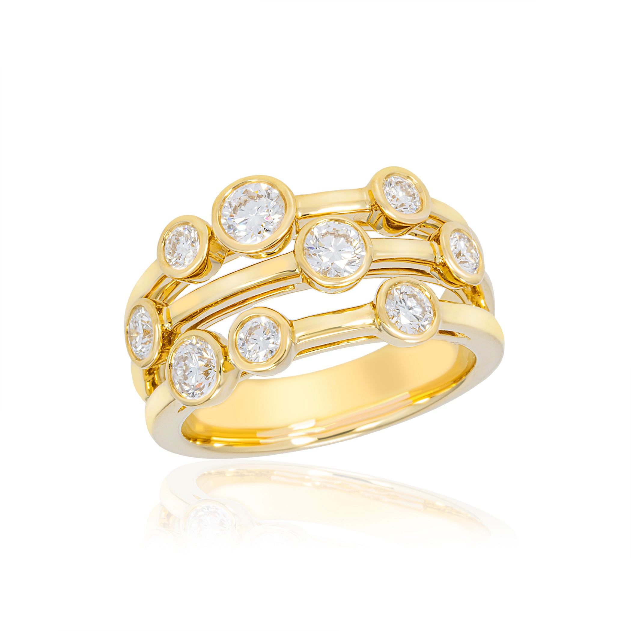 A yellow gold double-band ring set with multiple round-cut clear gemstones, shown on a clean white background with a soft reflection below.