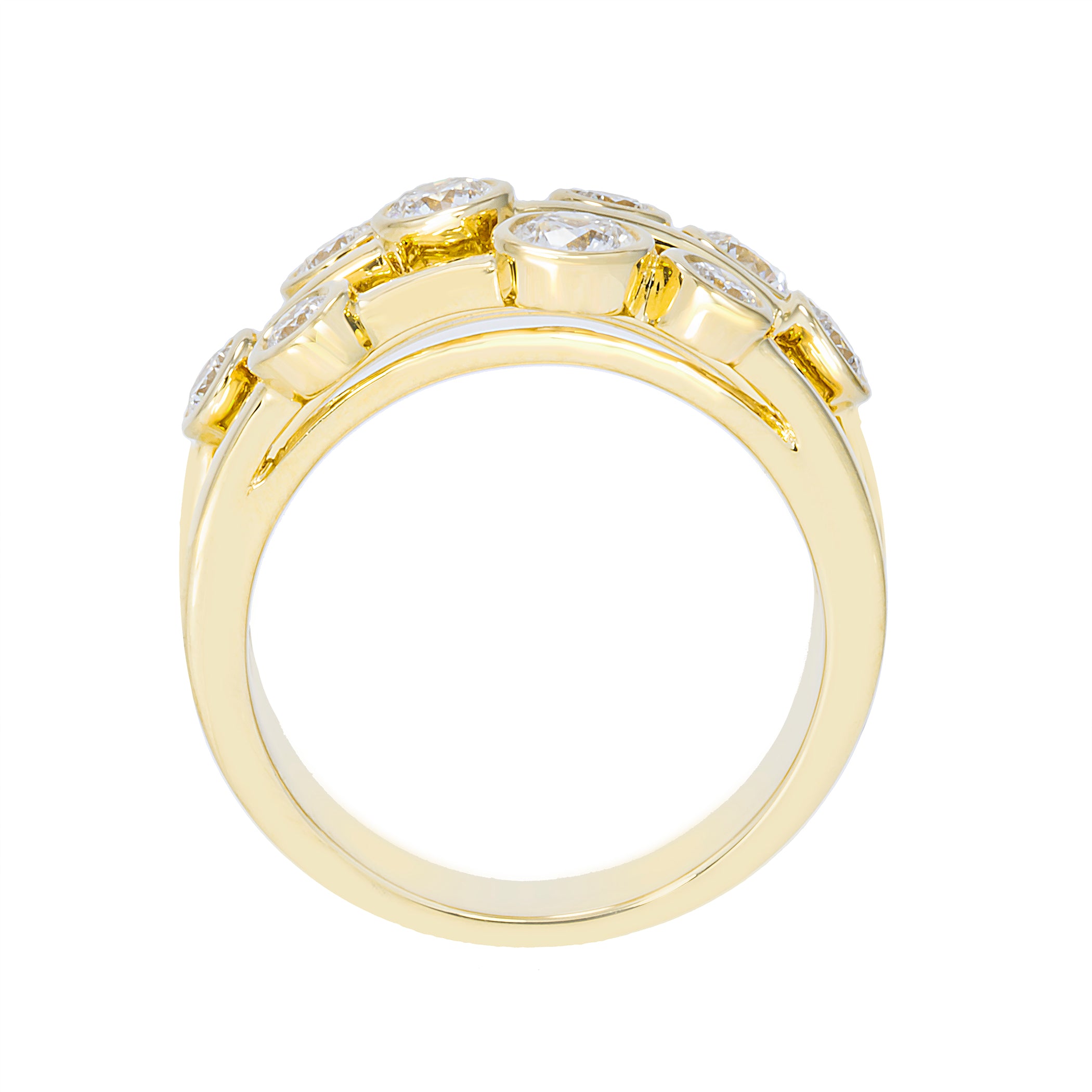 A yellow gold ring featuring a curved top adorned with multiple round-cut clear gemstones, shown against a plain white background.