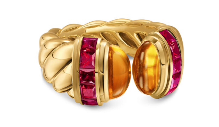 Sculpted Cable Open Cocktail Ring In 18k Yellow Gold With Madeira Citrine And Rubellites, 12.4mm