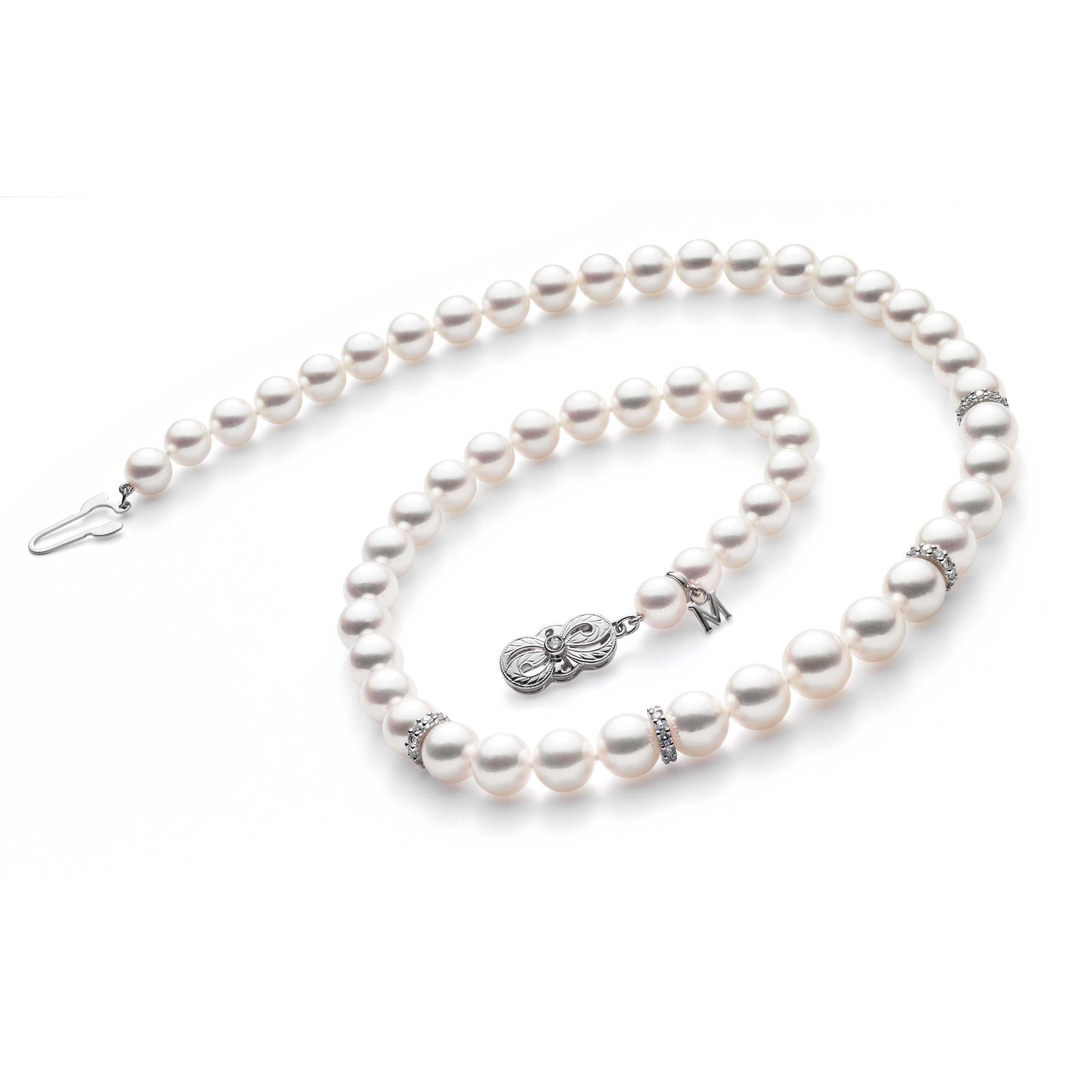 Mikimoto 18k White Gold Akoya Pearl And 4 Diamod Rondel Necklace