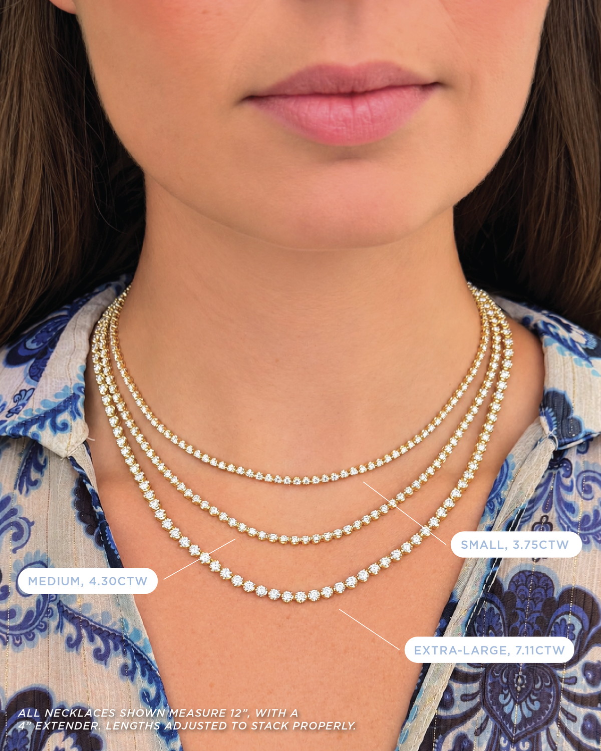 Model wearing three necklaces, displaying a small, medium, and extra large diamond necklace set in yellow gold.