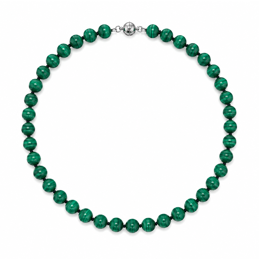 This necklace features malachite beads that measure 8mm each in diameter. This 16 inch strand is finished with a sterling silver magnetic clasp.
