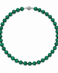 This necklace features malachite beads that measure 8mm each in diameter. This 16 inch strand is finished with a sterling silver magnetic clasp.