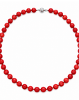 This necklace features red coral beads that measure 8mm in diameter each. The 16 inch strand features a sterling silver magnetic clasp.