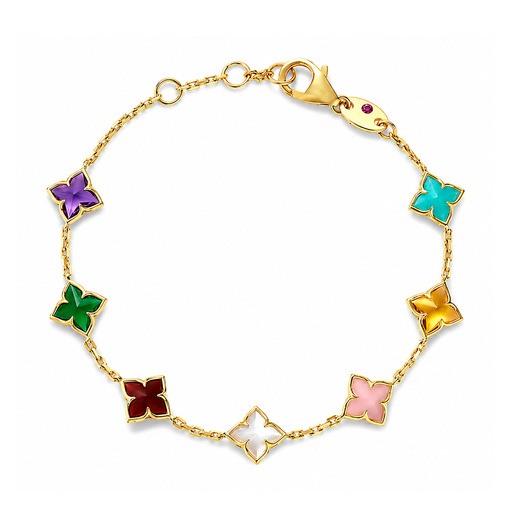 This 18k yellow gold bracelet from the Venetian Princess collection by Roberto Coin features multi-colored stone stations, bezel set in the shape of a flower. The featured stones are red agate, amazonite, amethyst, citrine, mother of pearl, pink opal, and green agate that total 3.50ctw. The bracelet measures 7 inches in length with two jump rings to adjust the size.