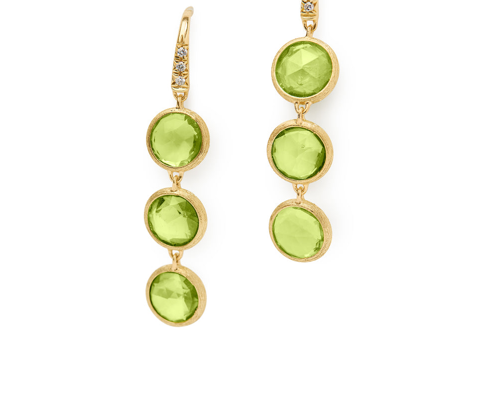 18K yellow gold drop earrings featuring bezel-set, rose-cut round peridot gemstones arranged in a continuous line with hook posts set with diamonds. Displayed on a white background.