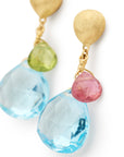 Yellow gold earrings with mixed gemstone drops from a hand engraved chain bead stud. On a white background.