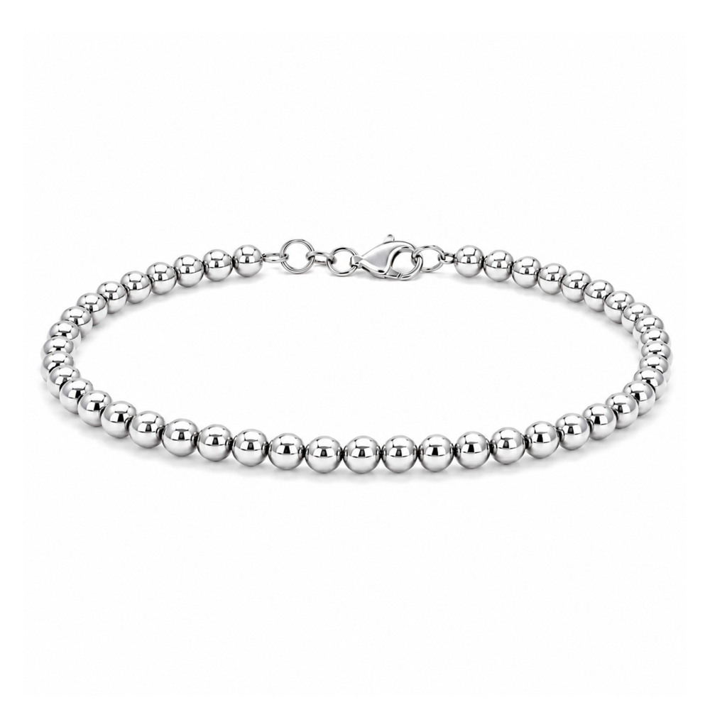 This 14k white gold bracelet features small beads that are strung together to a 7.5 inch bracelet with adjustable chain clasp.