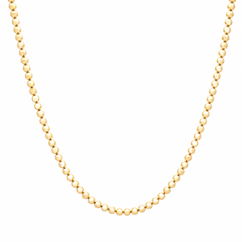 This beaded necklace features 14k yellow gold beads and measures 18 inches long.