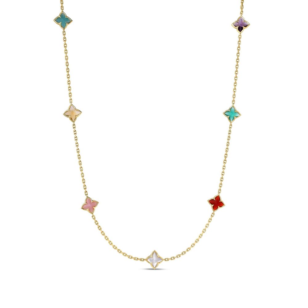 This 18k yellow gold necklace from Venetian Princess collection by Roberto Coin features seven colorful gemstone stations, including green agate, amazonite, amethyst, citrine, mother-of-pearl, and red agate. The gemstones total 3.50ctw and are set along an 18-inch chain.
