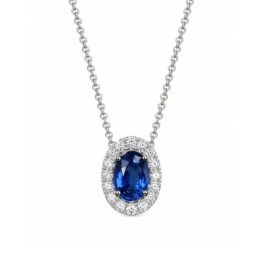 Sapphire Pendant Necklace with Diamond Halo