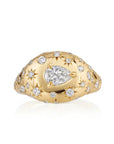 This 18k yellow gold pinky signet ring from the Supernova collection by Phillips House features a center pear diamond that totals 0.30ctw with round diamonds that total 0.37ctw scattered throughout the ring, some diamonds star-set.