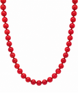This necklace features red coral beads that measure 8mm in diameter each. The 16 inch strand features a sterling silver magnetic clasp.