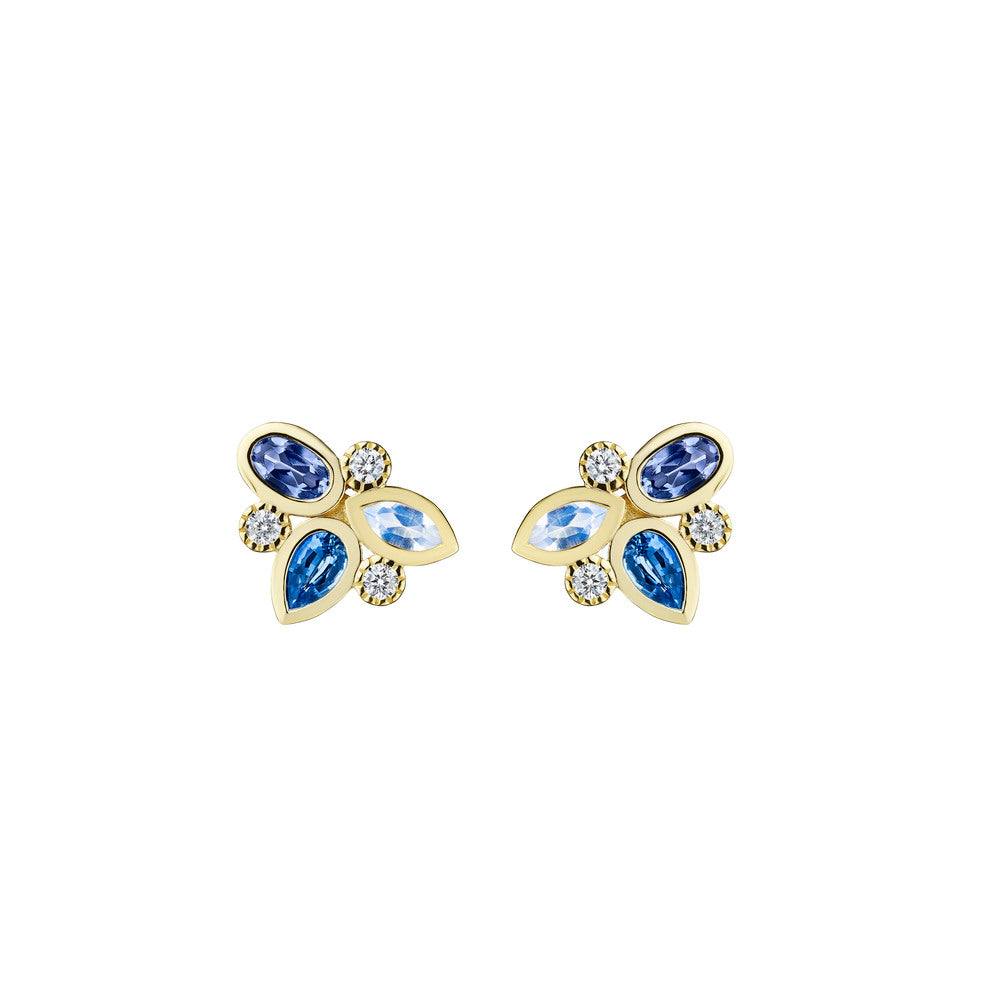 Moonstone, Blue Sapphire, Tanzanite, and Diamond Cluster Earrings