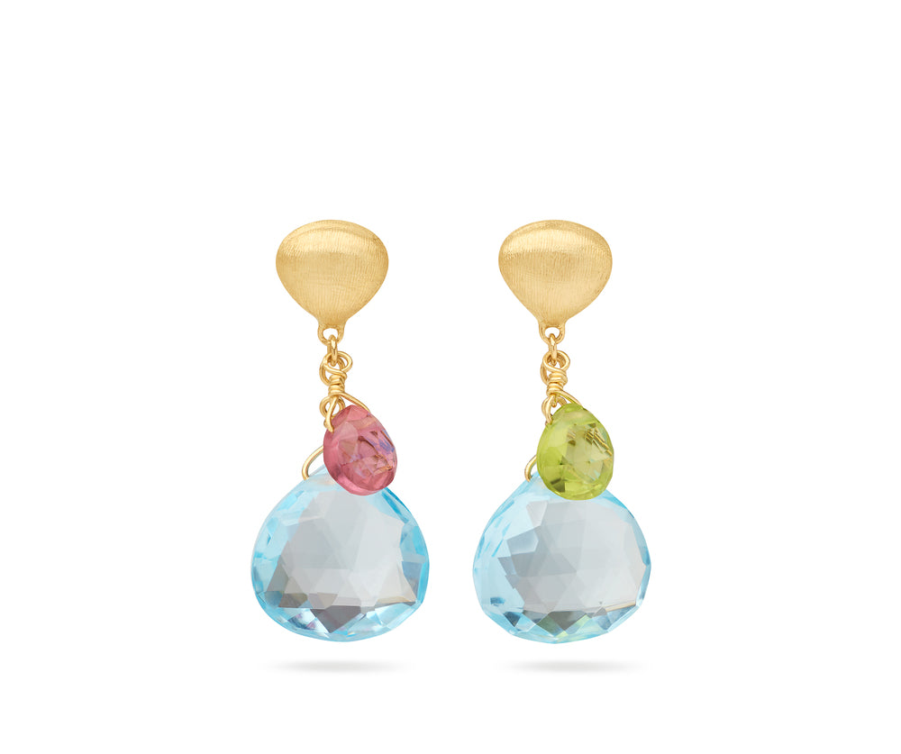 Yellow gold earrings with mixed gemstone drops from a hand engraved chain bead stud. On a white background.