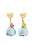 Yellow gold earrings with mixed gemstone drops from a hand engraved chain bead stud. On a white background.