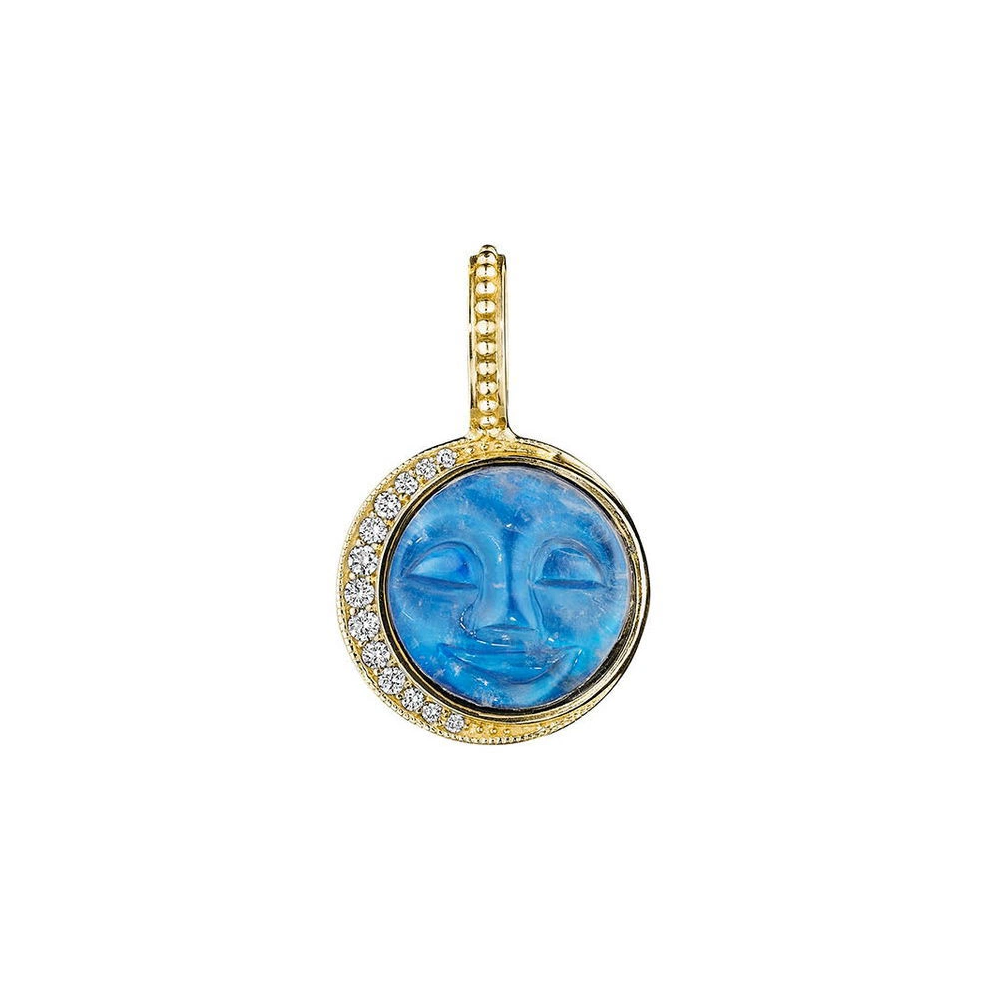 This 18k yellow gold pendant from Penny Preville features a "man on the moon" motif crafted in moonstone with a gold crescent moon on the side set with round diamonds that totals 0.12ctw. The pendant is finished with a plain bale to hook to a chain and measures 15.5mm in total diameter.