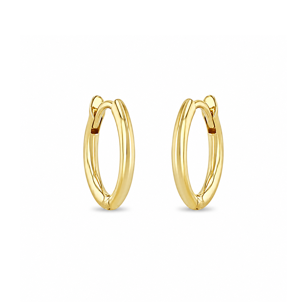 14k yellow gold earrings from Zoe Chicco measure 10.5mm in diameter with a hinged closure. Shown on a white background.