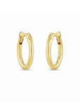 14k yellow gold earrings from Zoe Chicco measure 10.5mm in diameter with a hinged closure. Shown on a white background.
