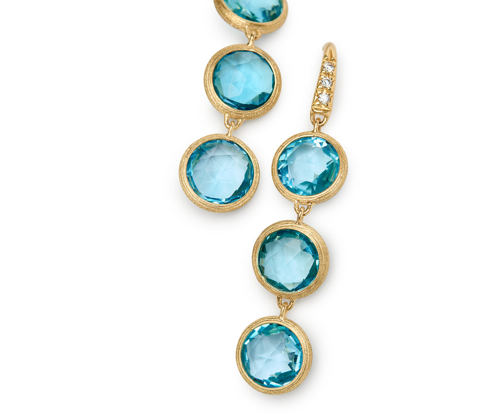 18K yellow gold drop earrings featuring bezel-set, rose-cut round blue topaz gemstones arranged in a continuous line with hook posts set with diamonds. Displayed on a white background.