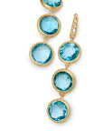 18K yellow gold drop earrings featuring bezel-set, rose-cut round blue topaz gemstones arranged in a continuous line with hook posts set with diamonds. Displayed on a white background.