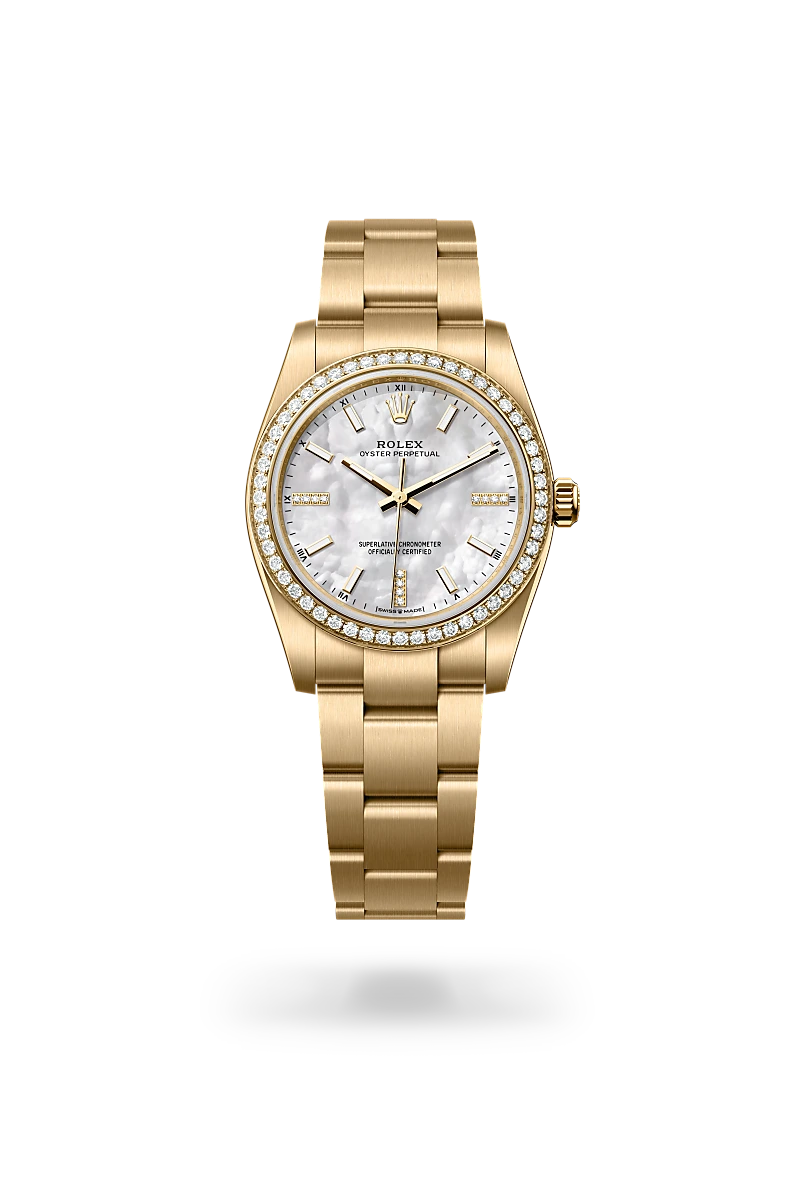 Rolex Oyster Perpetual 34 in Oyster, 34 mm, yellow gold and diamonds