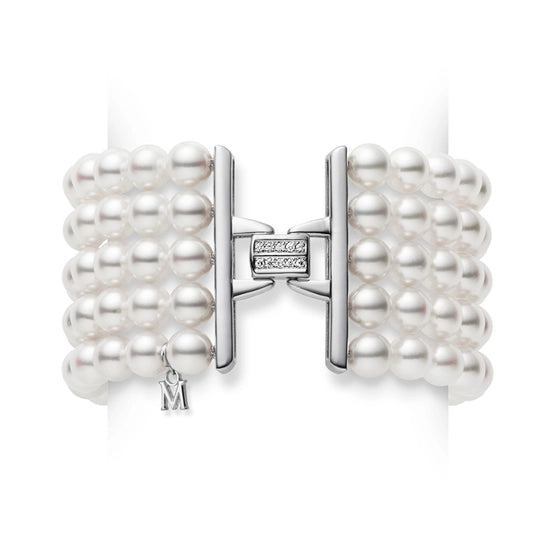Mikimoto 18k White Gold 5-Strand Akoya Pearl Bracelet With Pavé Diamonds