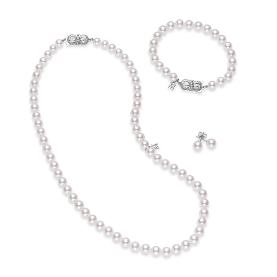 Mikimoto 18k White Gold 7x6mm Akoya Three Piece Set With Necklace, Bracelet, And Earrings